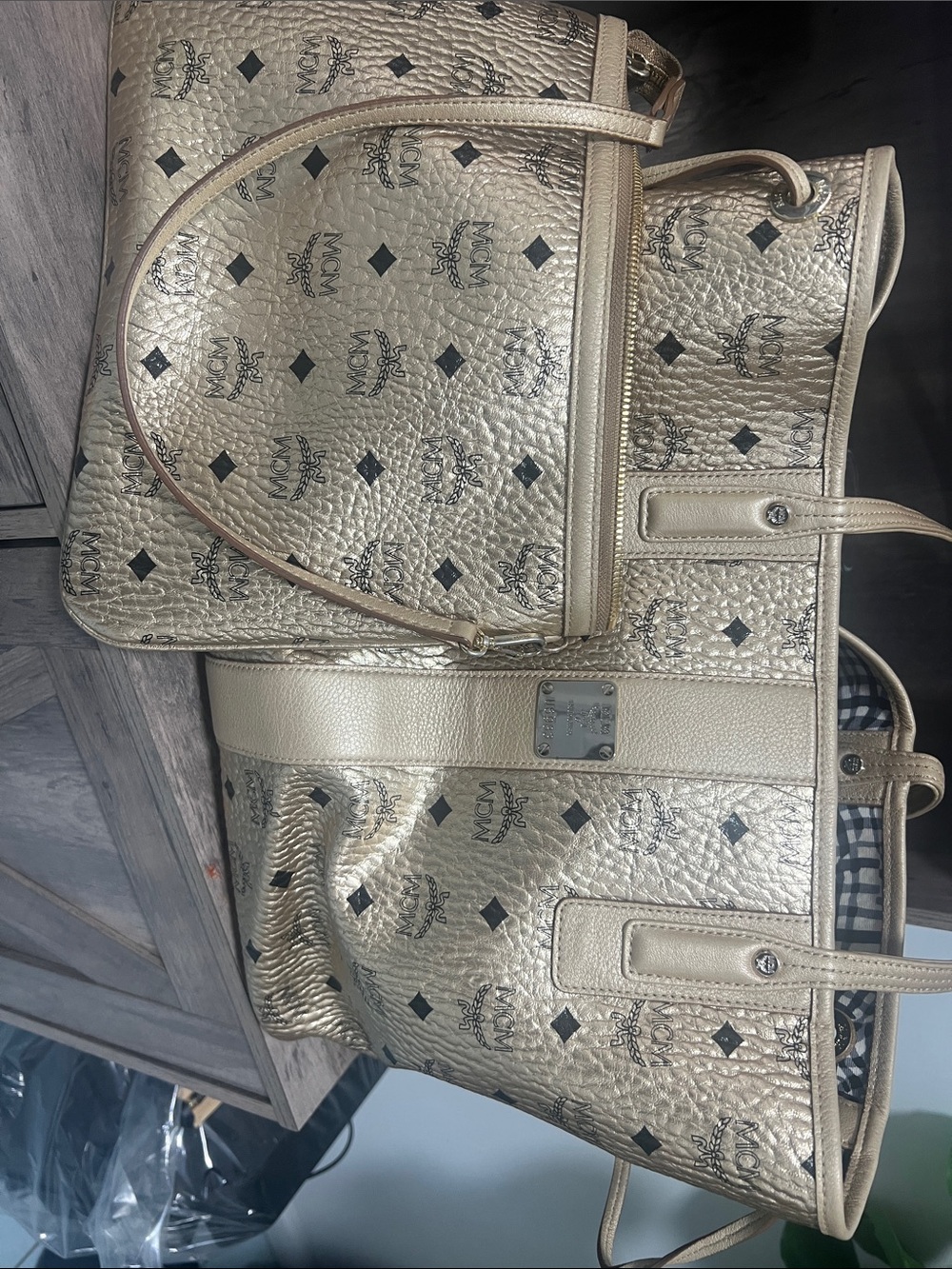 MCM Metallic Gold Logo-Print Tote Bag